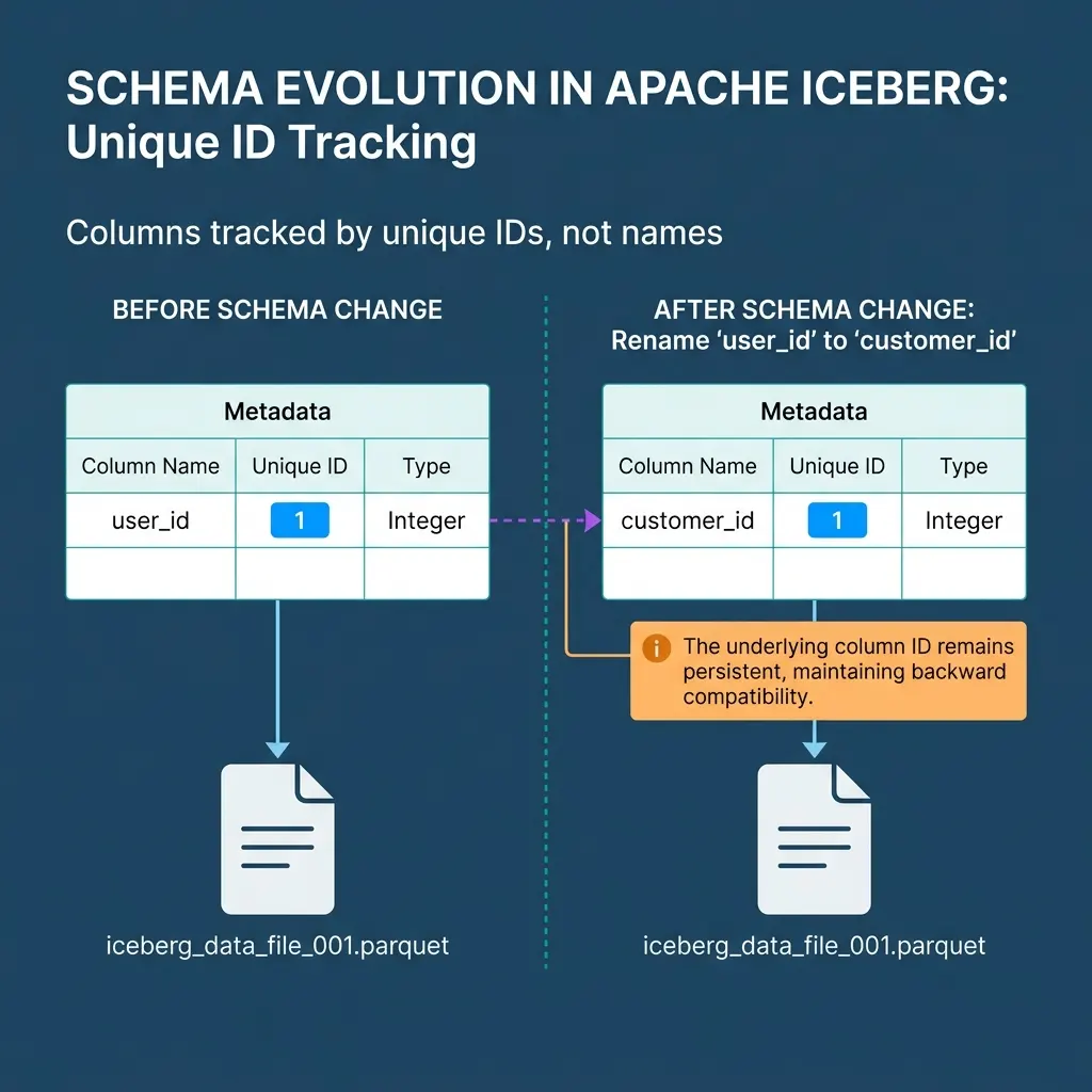 Diagram showing Schema Evolution mapping unique column IDs to file structures over time