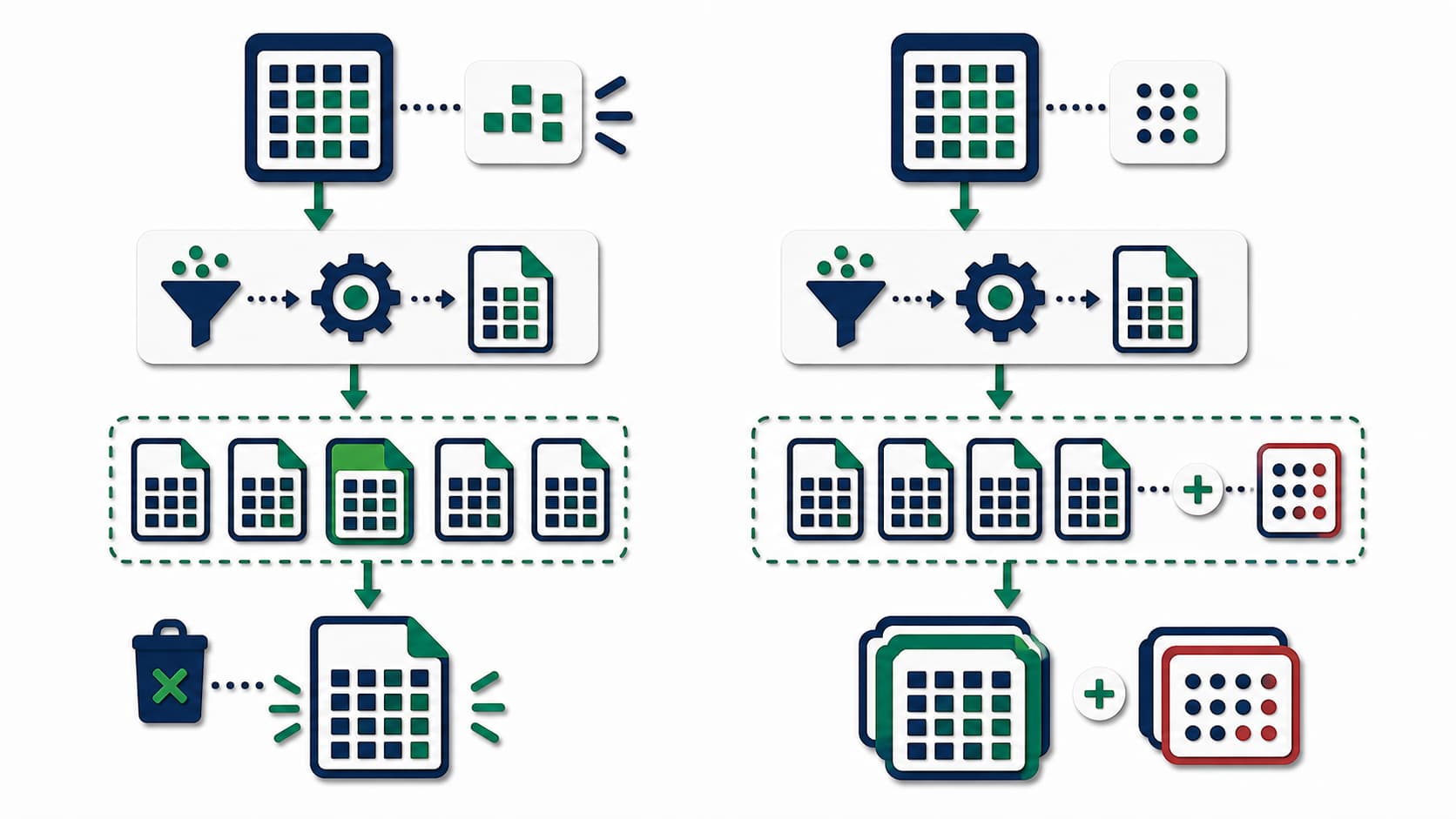 Papercut diagram comparing copy-on-write and merge-on-read update flows for an Iceberg event lake