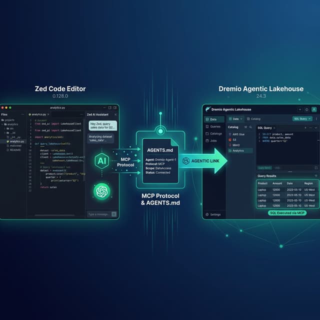 Zed code editor AI assistant connecting to Dremio Agentic Lakehouse via MCP